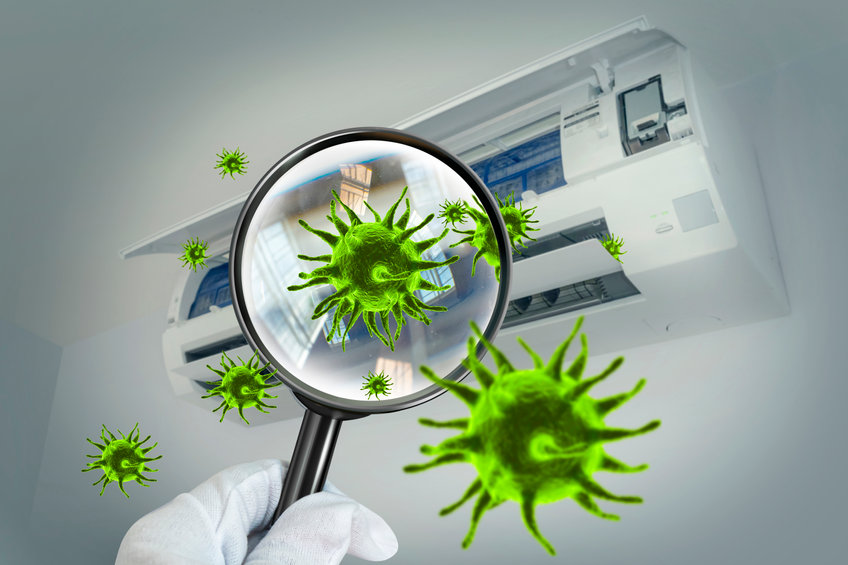3D rendering Green virus from a magnifying glass Dust and dirt o