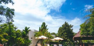 Comment sauver l’eau d’une piscine verdie par un orage ? resort with pool, hut, and patio umbrellas