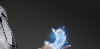 Comment se nourrir après une chirurgie bariatrique ? Gastroenterologist doctor, stomach specialist Aesthetic handdrawn highlighted illustration of human stomach Dark grey background, studio photo and collage